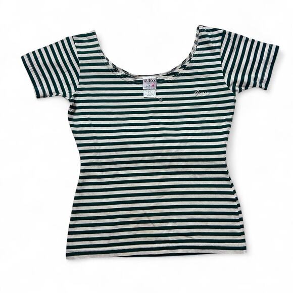 Guess Jeans 80s Vintage Green White Striped Womens T-shirt Small - Picture 1 of 4
